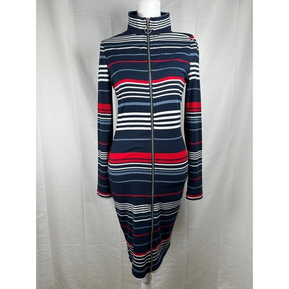 VENUS Dresses & Skirts - Venus Knit Striped Dress XS Blue Red White Full Zip Long Cardigan High Neck